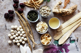 a wide variety of herbs in cups and on a counter | Song's Acupuncture & Herbal Clinic
